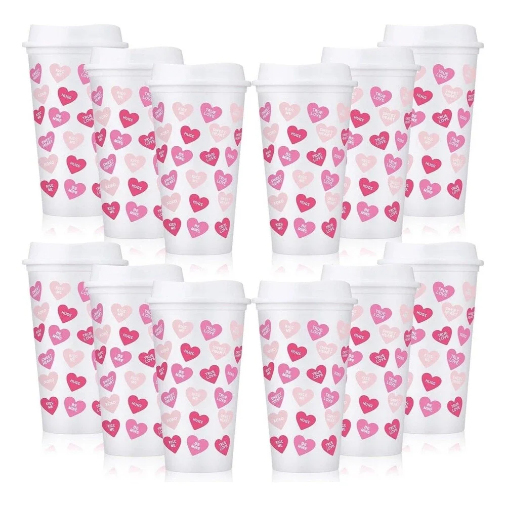 Bokon 12 Pcs Valentine's Day Cups with Lids Conversation Heart Cups 16oz